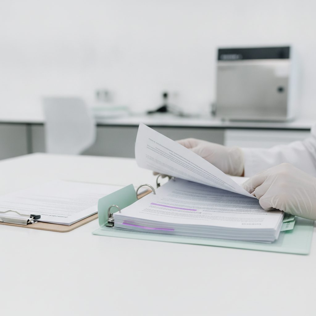 Forscher prüft regulatorische Studiendokumente an einem klinischen Schreibtisch