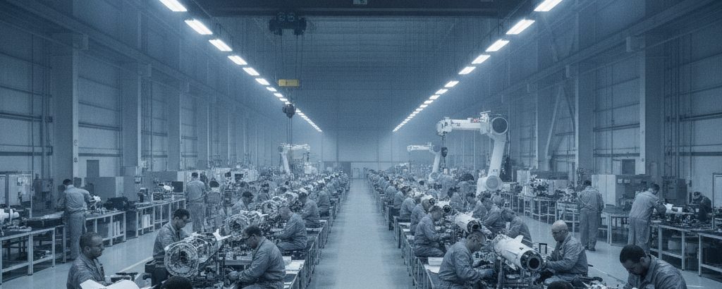 Militärische Fertigungslinie für Marschflugkörperkomponenten in einem Industriehangar