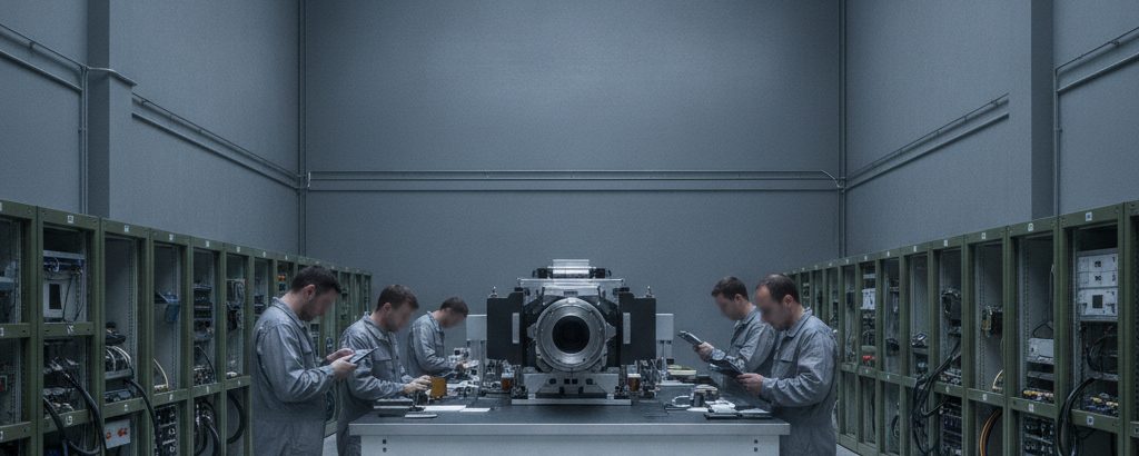 Militärischer Teststand für gerichtete Energiewaffen in einem Hangar mit Technikern in grauer Arbeitskleidung