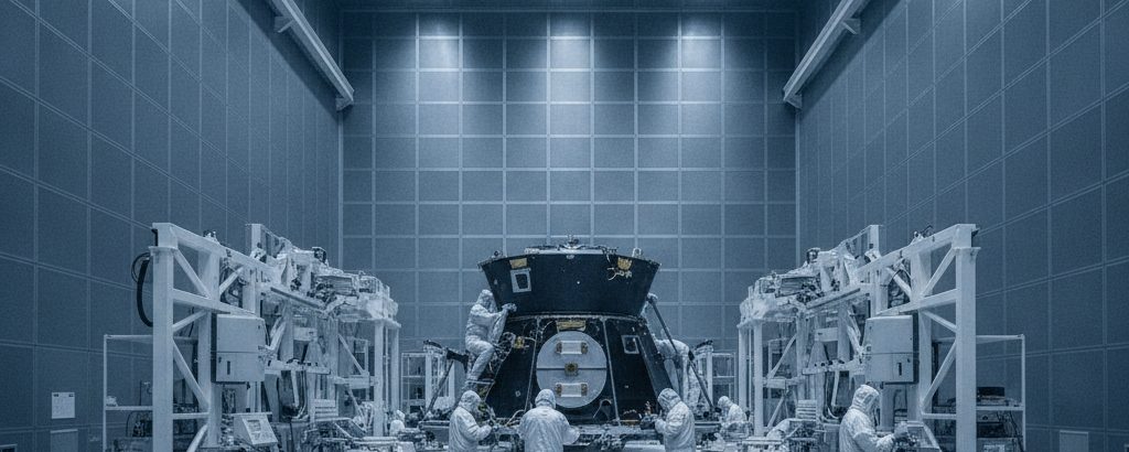Ingenieure in Reinraumanzügen montieren einen Satelliten in einer Integrationshalle – Space-Sektor Industriefoto