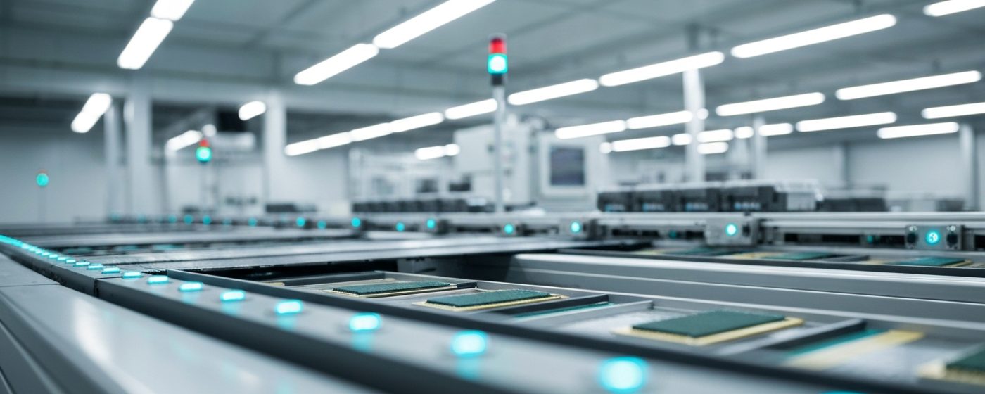 Halbleiter-Produktionslinie mit Chip-Trays unter weißem Industrielicht — SRAM-Nischenhersteller im KI-Zeitalter