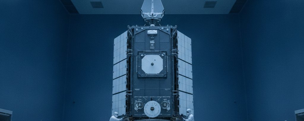 Militärsatellit in einer Reinraumumgebung – Techniker in Schutzanzügen bei der Integration
