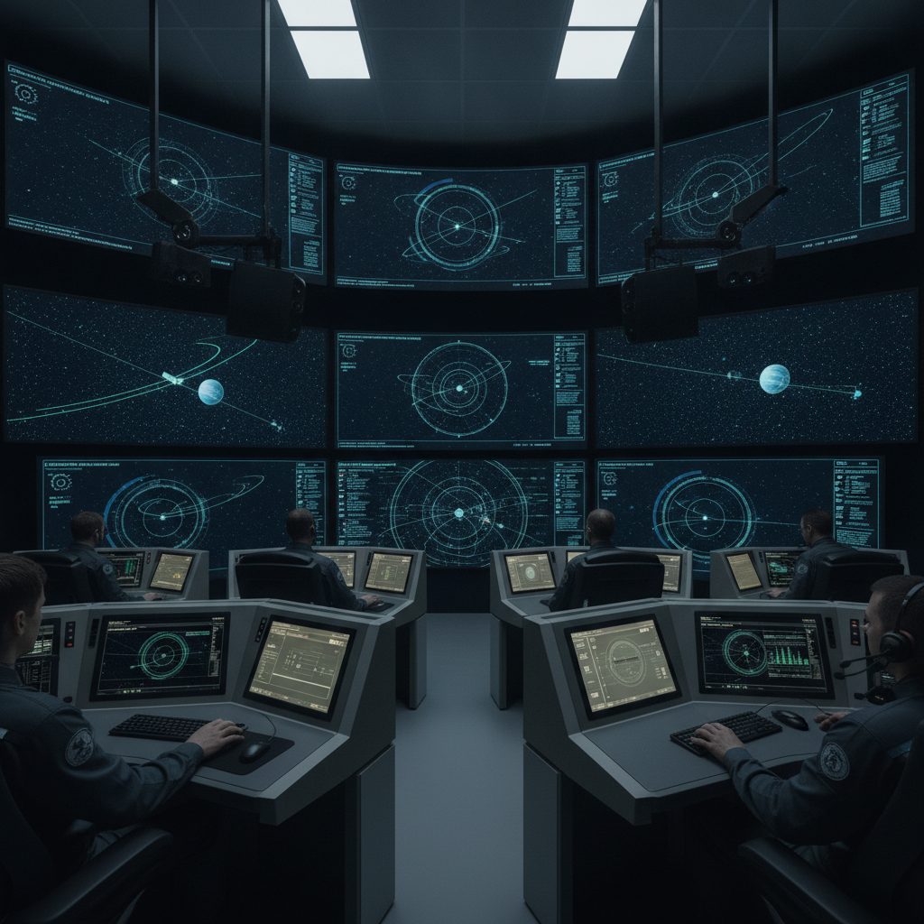 Missionskontrollraum mit Orbitaltracking-Bildschirmen für militärische Satellitenkommunikation