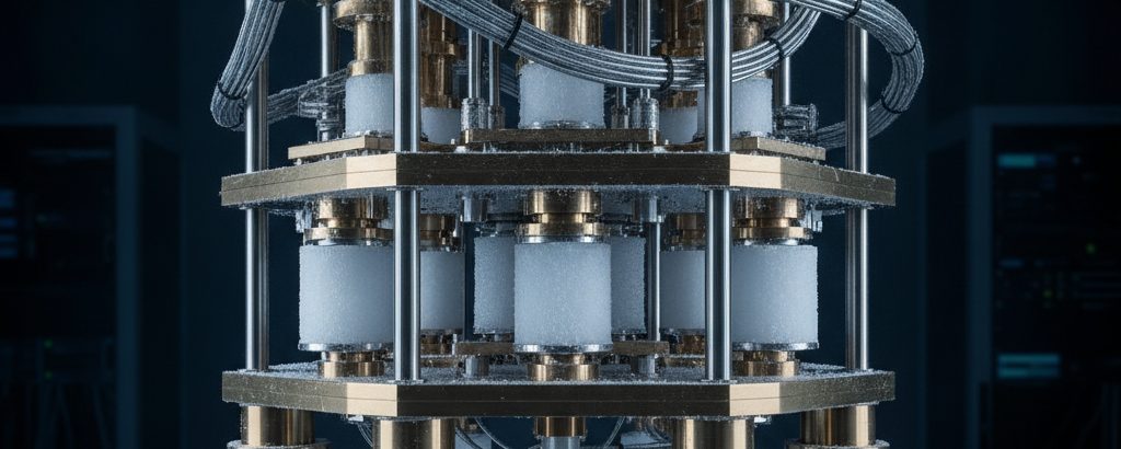 Dilutionskühler-Chandelier in einem Quantencomputing-Labor mit Messing- und Chromdetails