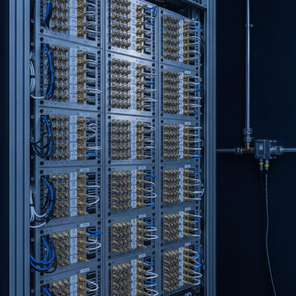 Steuerungselektronik-Rack für Quantenprozessoren mit metallischen Verbindern im Labor