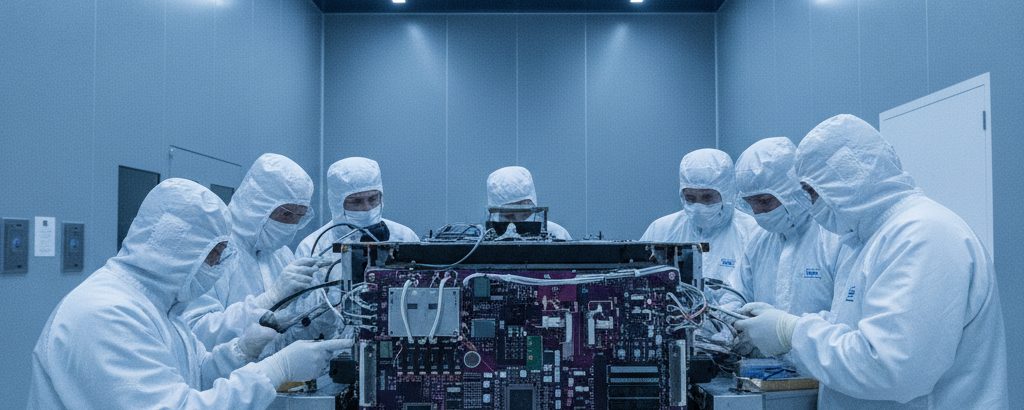Satellit in Reinraum mit Technikern in Schutzanzügen, die strahlungsgehärtete Bordrechner inspizieren