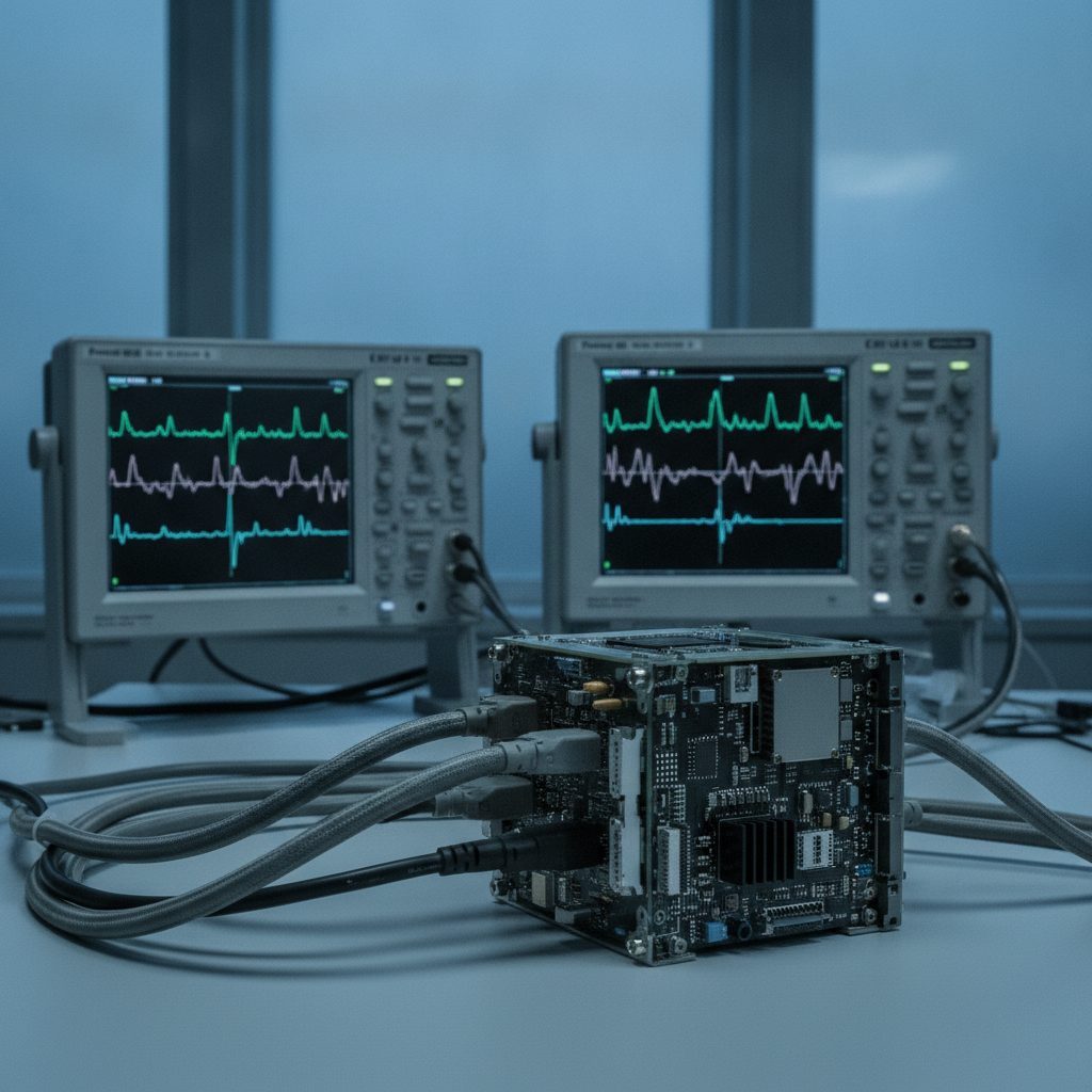 Avionik-Prüfstand mit Messgeräten und angeschlossenem Satelliten-Subsystem im Testlabor