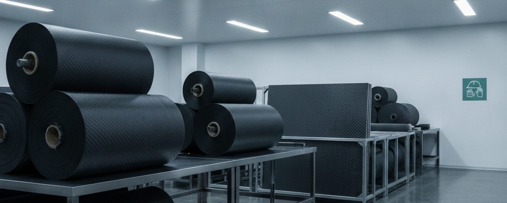 Composite-Fertigungshalle mit Carbonfaser-Materialien für UAV-Strukturbauteile