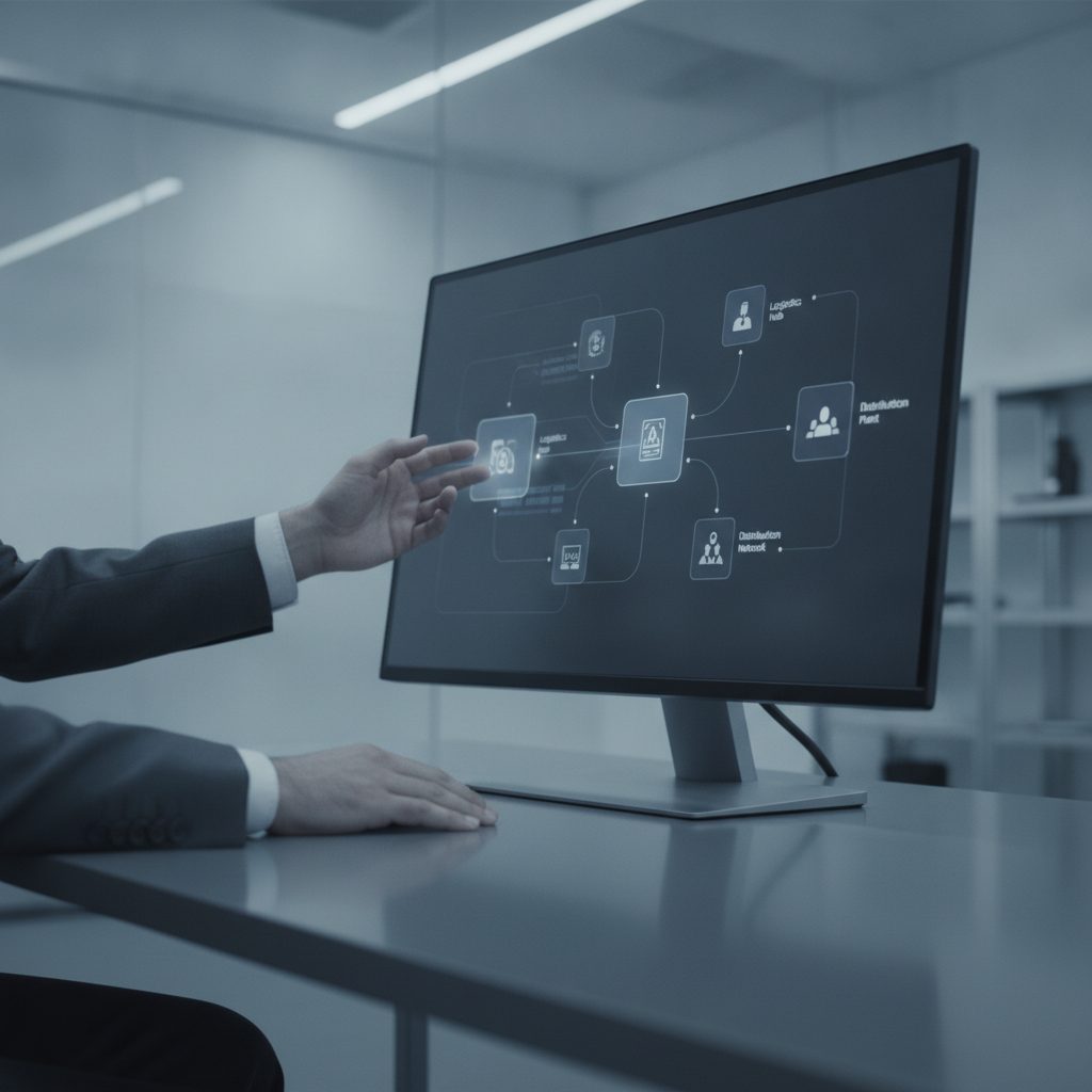 Ingenieur analysiert Lieferkettendiagramm auf Monitor in technischem Büroumfeld