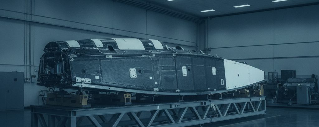 Composite-Airframe-Sektion eines unbemannten Luftfahrzeugs auf einem Prüfstand in einem Militärhangar