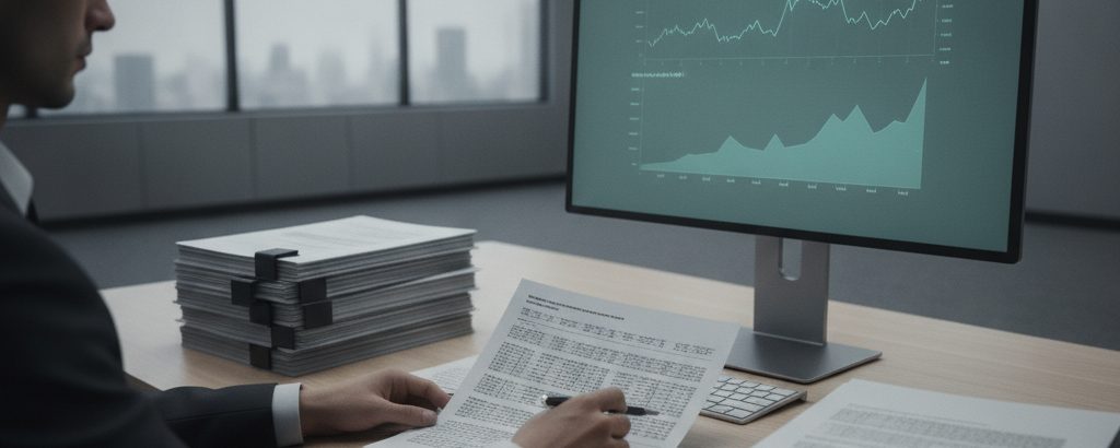 Financial analyst reviewing convertible note prospectuses at a modern desk with screen charts