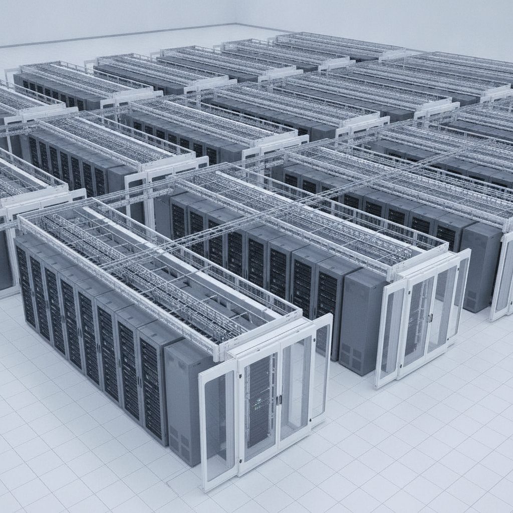 AI data center with server racks and cold-aisle cooling seen from a bird's-eye view